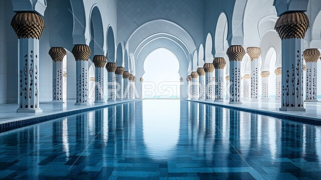 Distinctive Islamic style interior decorations and designs, architectural engineering art of mosque columns and walls, luxurious white Arabic mosque, worship and closeness to God, performing religious duties and prayers, Ramadan religious backgrounds