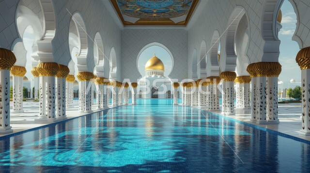 Distinctive Islamic style interior designs and decorations, architectural engineering art of mosque columns and walls and golden domes, luxurious white Arabic mosque, worship and closeness to God, performing religious duties and prayers, Ramadan religious backgrounds