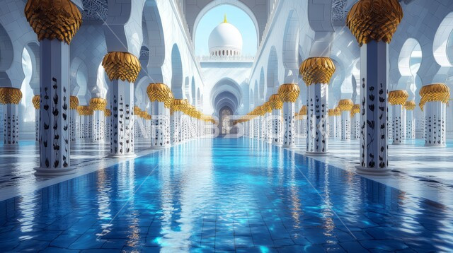 Distinctive Islamic style interior designs and decorations, architectural engineering art of mosque columns and walls and golden domes, luxurious white Arabic mosque, worship and closeness to God, performing religious duties and prayers, Ramadan religious backgrounds
