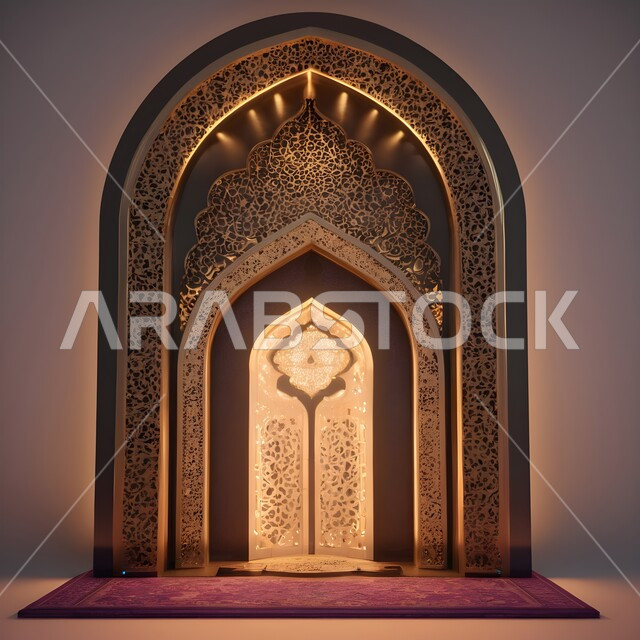 الزخارف والنقوش الإسلامية ،محراب ومنبر للصلاة في أحد المساجد في المملكة العربية السعودية ،أداء الفرائض والصلوات ،الأقواس والأعمدة بديكورات وتصاميم داخلية على الطراز الإسلامي باللون الذهبي ،أماكن دينية مقدسة ،العبادة والتقرب الى الله ،دمج الحضارة مع الأصالة