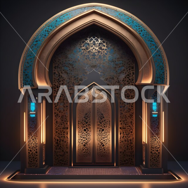 الزخارف والنقوش الإسلامية ،محراب ومنبر للصلاة في أحد المساجد في المملكة العربية السعودية ،أداء الفرائض والصلوات ،الأقواس والأعمدة بديكورات وتصاميم داخلية على الطراز الإسلامي باللون الذهبي ،أماكن دينية مقدسة ،العبادة والتقرب الى الله ،دمج الحضارة مع الأصالة