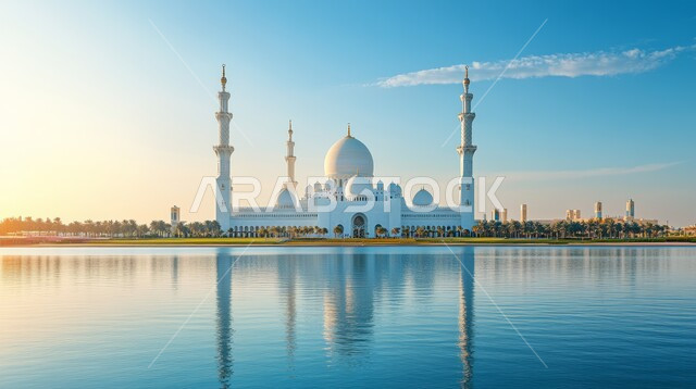 Architectural engineering art of mosques overlooking the sea, distinctive decorations and designs in the Islamic style for domes and minarets, a luxurious Arabic mosque, worship and drawing closer to God, performing duties and prayers, Ramadan religious backgrounds