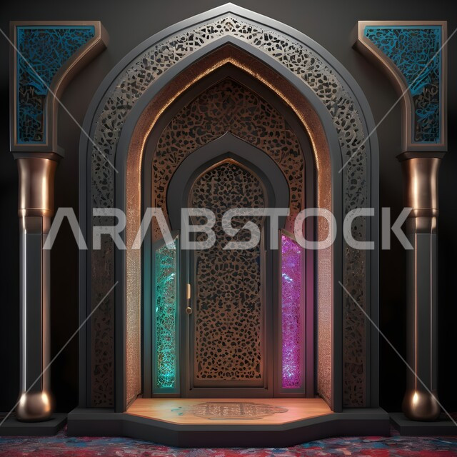 الزخارف والنقوش الإسلامية ،محراب ومنبر للصلاة في أحد المساجد في المملكة العربية السعودية ،أداء الفرائض والصلوات ،الأقواس والأعمدة بديكورات وتصاميم داخلية على الطراز الإسلامي باللون الرمادي ،أماكن دينية مقدسة ،العبادة والتقرب الى الله ،دمج الحضارة مع الأصالة