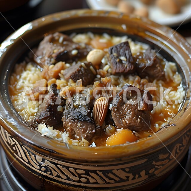 طاجن مغربي شهي باللحم والأرز واللوز، فنون تقديم الأطعمة الأطعمة الشرقية، وصفات وأطباق طعام شعبية لذيذة، مطاعم للمأكولات العربية الخليجية السعودية المشهورة،  طرق مميزة لتقديم الطعام، وجبات صحية بطرائق شهية 