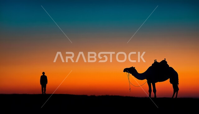 Transportation and old means of transportation, transportation on camels in the Kingdom of Saudi Arabia, the concept of livestock care and breeding, a silhouette of a Saudi Arabian Gulf man standing with a camel in the desert areas, cellulite