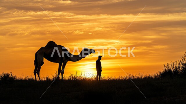 Transportation and old means of transportation, transportation on camels in the Kingdom of Saudi Arabia, the concept of livestock care and breeding, a silhouette of a Saudi Arabian Gulf man standing with a camel in the desert areas, cellulite