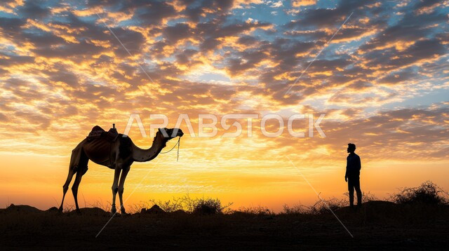 المواصلات ووسائل النقل القديمة، التنقل على حيوان الابل في المملكة العربية السعودية، مفهوم رعايه وتربيه المواشي, صورة ظلية لرجل عربي خليجي سعودي يقف مع حيوان الابل في المناطق الصحراوية، سيلوليت