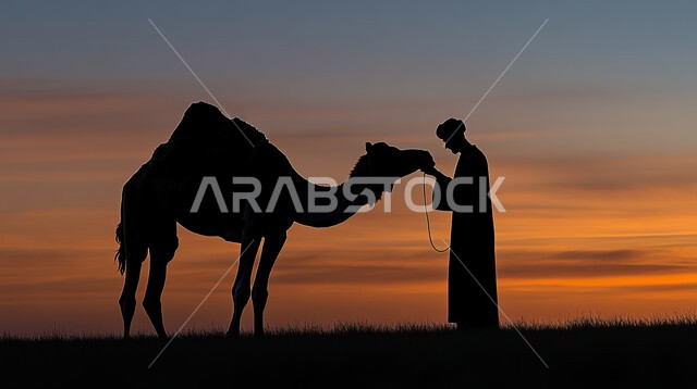 المواصلات ووسائل النقل القديمة، التنقل على حيوان الابل في المملكة العربية السعودية، مفهوم رعايه وتربيه المواشي, صورة ظلية لرجل عربي خليجي سعودي يقف مع حيوان الابل في المناطق الصحراوية، سيلوليت