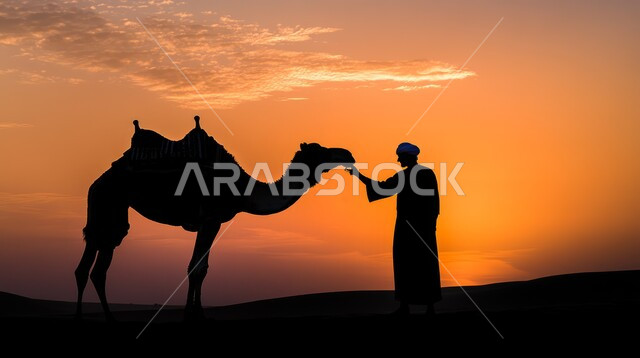 المواصلات ووسائل النقل القديمة، التنقل على حيوان الابل في المملكة العربية السعودية، مفهوم رعايه وتربيه المواشي, صورة ظلية لرجل عربي خليجي سعودي يقف مع حيوان الابل في المناطق الصحراوية، سيلوليت