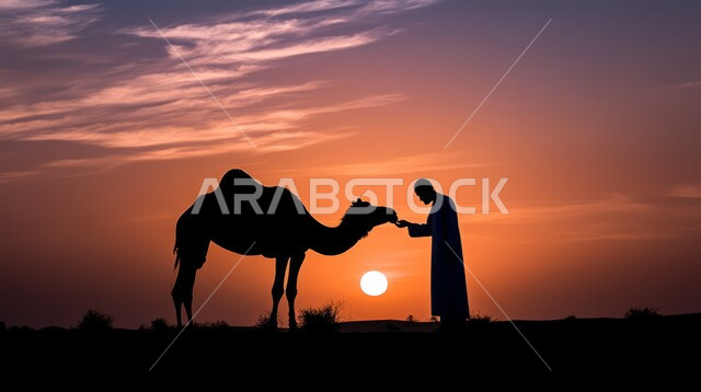 المواصلات ووسائل النقل القديمة، التنقل على حيوان الابل في المملكة العربية السعودية، مفهوم رعايه وتربيه المواشي, صورة ظلية لرجل عربي خليجي سعودي يقف مع حيوان الابل في المناطق الصحراوية، سيلوليت