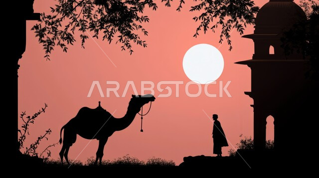 المواصلات ووسائل النقل القديمة، التنقل على حيوان الابل في المملكة العربية السعودية، مفهوم رعايه وتربيه المواشي, صورة ظلية لرجل عربي خليجي سعودي يقف مع حيوان الابل في المناطق الصحراوية، سيلوليت