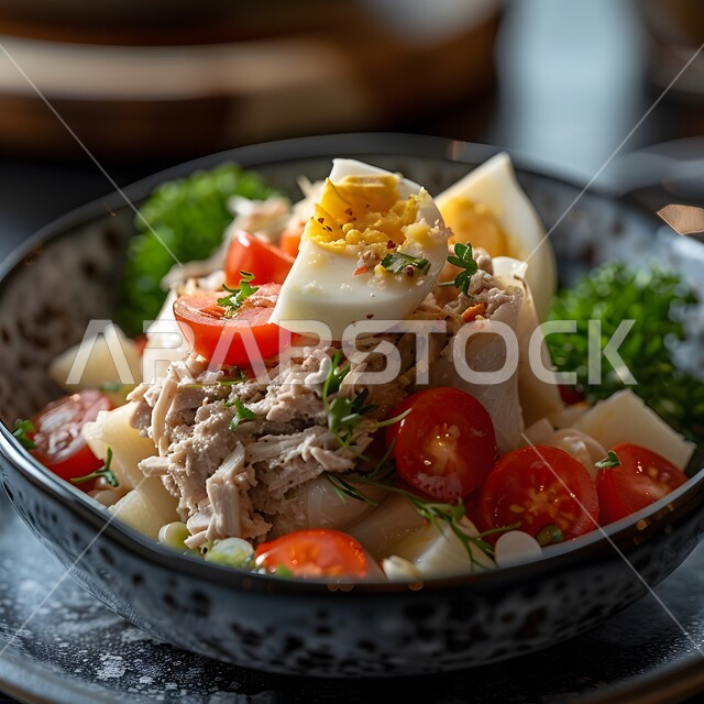 سلطة طازجة مع الطماطم الكرزية والبيض والدجاج، فنون تقديم الأطعمة الأطعمة الشرقية، وصفات وأطباق طعام شعبية لذيذة، مطاعم للمأكولات العربية الخليجية السعودية المشهورة،  طرق مميزة لتقديم الطعام، وجبات صحية بطرائق شهية 