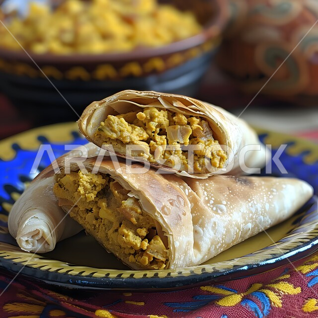 Golden egg pastries on a colorful plate, the art of presenting oriental foods, delicious popular food recipes and dishes, restaurants for famous Saudi Arabian Gulf foods, distinctive ways to present food, healthy meals in delicious ways