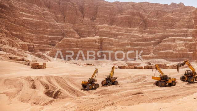 Raw underground resources prospecting areas, natural coal mine locations, rocky nature and terrain of mountain ranges, highlands and mountain peaks in the Kingdom of Saudi Arabia, a number of cars and heavy machinery digging and working at the mining site, transporting soil by trucks