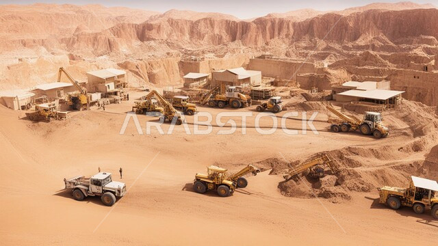 مناطق التنقيب عن الثروات الباطنية الخام، أماكن مناجم الفحم الطبيعي، الطبيعة الصخرية وتضاريس السلاسل الجبلية، المرتفعات وقمم الجبال في المملكة العربية السعودية، عدد من السيارات والآليات الثقيلة تقوم بالحفر والعمل في موقع التعدين، نقل الأتربة بواسطة الشاحنات