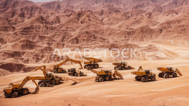 Raw underground resources prospecting areas, natural coal mine locations, rocky nature and terrain of mountain ranges, highlands and mountain peaks in the Kingdom of Saudi Arabia, a number of cars and heavy machinery digging and working at the mining site, transporting soil by trucks