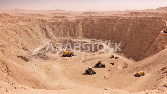 مناطق التنقيب عن الثروات الباطنية الخام، أماكن مناجم الفحم الطبيعي، الطبيعة الصخرية وتضاريس السلاسل الجبلية، المرتفعات وقمم الجبال في المملكة العربية السعودية، عدد من السيارات والآليات الثقيلة تقوم بالحفر والعمل في موقع التعدين، نقل الأتربة بواسطة الشاحنات