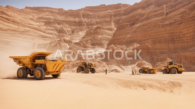 Raw underground resources prospecting areas, natural coal mine locations, rocky nature and terrain of mountain ranges, highlands and mountain peaks in the Kingdom of Saudi Arabia, a number of cars and heavy machinery digging and working at the mining site, transporting soil by trucks