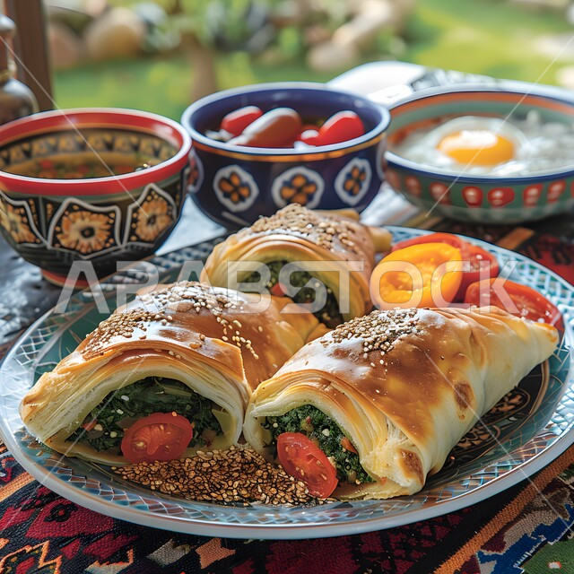 Delicious spinach and tomato rolls with sesame seeds, the art of presenting oriental foods, delicious popular food recipes and dishes, restaurants for famous Saudi Arabian Gulf cuisine, distinctive ways to present food, healthy meals in delicious ways