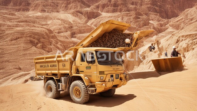 عدد من السيارات والآليات الثقيلة تقوم بالحفر والعمل في موقع التعدين، نقل الأتربة بواسطة الشاحنات، مناطق التنقيب عن الثروات الباطنية الخام، أماكن مناجم الفحم الطبيعي، الطبيعة الصخرية وتضاريس السلاسل الجبلية، المرتفعات وقمم الجبال في المملكة العربية السعودية