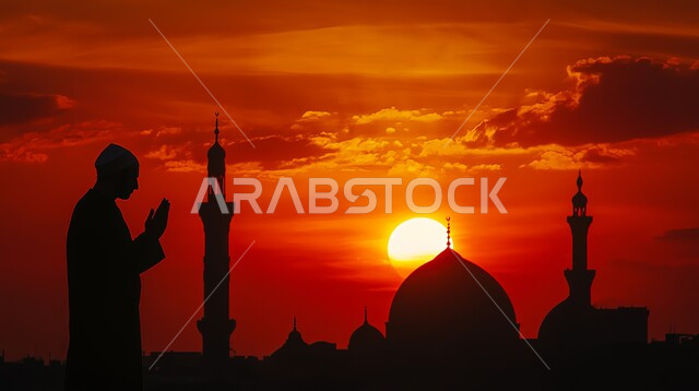 أداء الفرائض والصلوات، صورة ظلية لرجل عربي خليجي سعودي يقف أمام مسجد يرفع يديه للأعلى بإيماءات الدعاء وقت الغروب، مفهوم العبادة والتقرب إلى الله ، الفن الهندسي المعماري على الطراز الإسلامي للقبب والمآذن، سيلوليت