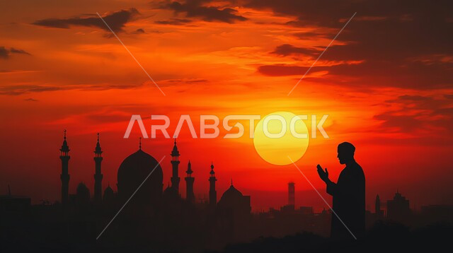 أداء الفرائض والصلوات، صورة ظلية لرجل عربي خليجي سعودي يقف أمام مسجد يرفع يديه للأعلى بإيماءات الدعاء وقت الغروب، مفهوم العبادة والتقرب إلى الله ، الفن الهندسي المعماري على الطراز الإسلامي للقبب والمآذن، سيلوليت