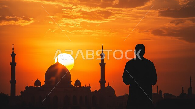 أداء الفرائض والصلوات، صورة ظلية لرجل عربي خليجي سعودي يقف أمام مسجد يرفع يديه للأعلى بإيماءات الدعاء وقت الغروب، مفهوم العبادة والتقرب إلى الله ، الفن الهندسي المعماري على الطراز الإسلامي للقبب والمآذن، سيلوليت