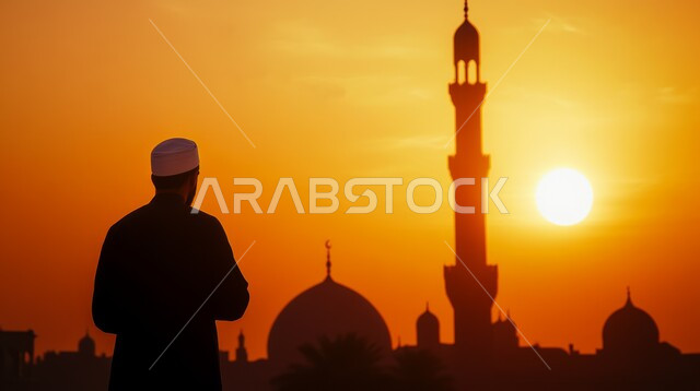 أداء الفرائض والصلوات، صورة ظلية لرجل عربي خليجي سعودي يقف أمام مسجد يرفع يديه للأعلى بإيماءات الدعاء وقت الغروب، مفهوم العبادة والتقرب إلى الله ، الفن الهندسي المعماري على الطراز الإسلامي للقبب والمآذن، سيلوليت