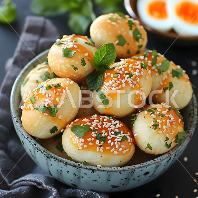 بيض مغطى بالسمسم مع صلصة حلوة في وعاء أزرق، فنون تقديم الأطعمة الأطعمة الشرقية، وصفات وأطباق طعام شعبية لذيذة، مطاعم للمأكولات العربية الخليجية السعودية المشهورة،  طرق مميزة لتقديم الطعام، وجبات صحية بطرائق شهية 