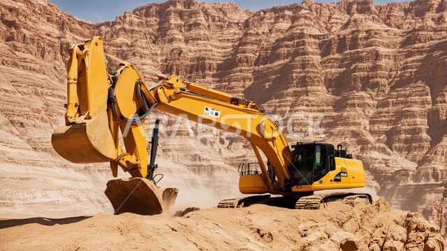 أماكن مناجم الفحم الطبيعي، مناطق التنقيب عن الثروات الباطنية، الطبيعة الصخرية وتضاريس السلاسل الجبلية، المرتفعات وقمم الجبال في المملكة العربية السعودية، سيارة كبيرة تقوم بالعمل في موقع التعدين، التخلص من الأتربة والصخور ونقلها بعيدا