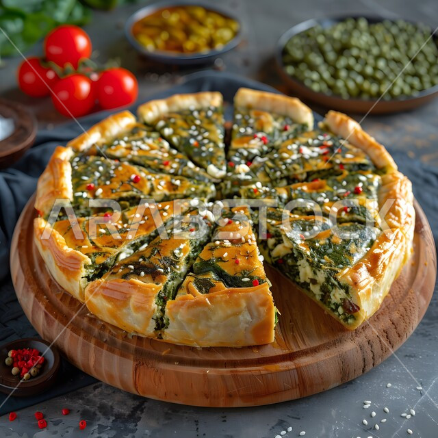 فطيرة السبانخ اللذيذة مع بذور السمسم والفلفل الأحمر، فنون تقديم الأطعمة الأطعمة الشرقية، وصفات وأطباق طعام شعبية لذيذة، مطاعم للمأكولات العربية الخليجية السعودية المشهورة،  طرق مميزة لتقديم الطعام، وجبات صحية بطرائق شهية 