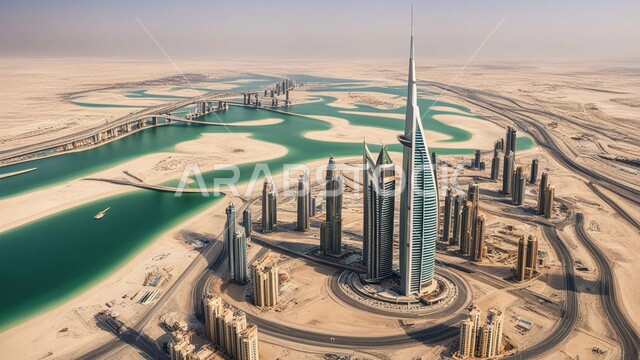 Improving and developing infrastructure, a futuristic vision of urban progress and growth, modern architectural designs and arts for towers and skyscrapers in the United Arab Emirates, building a developed civilized future in Dubai, high-rise commercial buildings and facilities