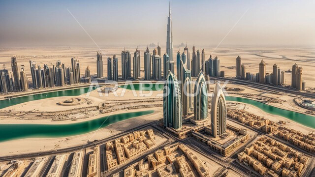 منظر تخيلي مستقبلي للتقدم والنمو العمراني، تحسين وتطوير البنية التحتية، التصاميم والفنون المعمارية الحديثة للأبراج وناطحات السحاب في الامارات العربية المتحدة، بناء مستقبل حضاري متطور في دبي، المباني والمنشآت التجارية الشاهقة