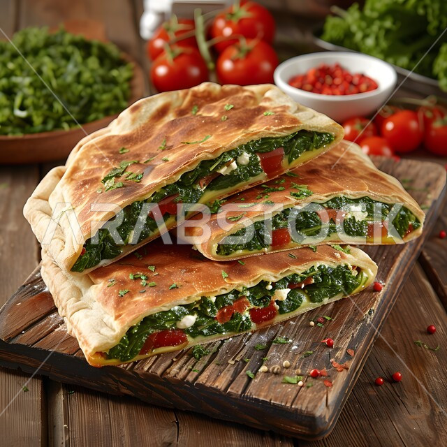 Spinach and tomato calzone on a wooden cutting board, food presentation arts, oriental foods, delicious popular food recipes and dishes, famous Saudi Arabian Gulf food restaurants, distinctive ways to present food, healthy meals in delicious ways