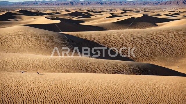 الكثبان والتلال الرملية اللامعة تحت أشعة الشمس وقت النهار، الرمال الذهبية الناعمة في المناطق الصحراوية في المملكة العربية السعودية، التضاريس والبيئة الجافة في الصحاري الواسعة، خلفية الطبيعة