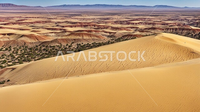 التضاريس والبيئة الجافة في الصحاري الواسعة، الكثبان والتلال الرملية اللامعة تحت أشعة الشمس وقت النهار، الرمال الذهبية الناعمة في المناطق الصحراوية في المملكة العربية السعودية، خلفية الطبيعة