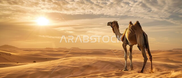 الاهتمام في تربية الجمال و الإبل الأصيلة، حيوان الجمل الأشقر يقف وسط صحراء المملكة العربية السعودية، الكثبان والتلال الرملية في المناطق الصحراوية، مفهوم رعاية المواشي والثدييات عند العرب، التضاريس والمناظر الطبيعية في الصحاري الواسعة
