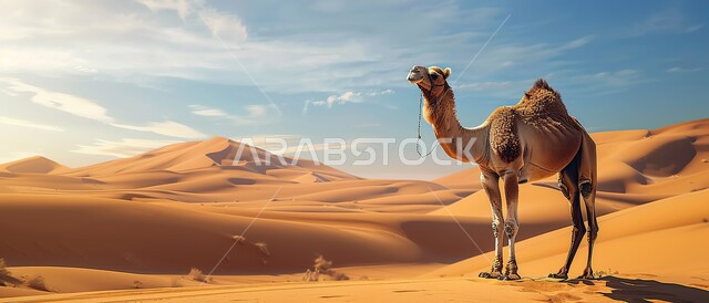 الاهتمام في تربية الجمال و الإبل الأصيلة، حيوان الجمل الأشقر يقف وسط صحراء المملكة العربية السعودية، الكثبان والتلال الرملية في المناطق الصحراوية، مفهوم رعاية المواشي والثدييات عند العرب، التضاريس والمناظر الطبيعية في الصحاري الواسعة