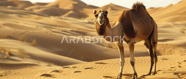 الاهتمام في تربية الجمال و الإبل الأصيلة، حيوان الجمل الأشقر يقف وسط صحراء المملكة العربية السعودية، الكثبان والتلال الرملية في المناطق الصحراوية، مفهوم رعاية المواشي والثدييات عند العرب، التضاريس والمناظر الطبيعية في الصحاري الواسعة