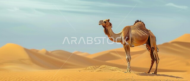 الاهتمام في تربية الجمال و الإبل الأصيلة، حيوان الجمل الأشقر يقف وسط صحراء المملكة العربية السعودية، الكثبان والتلال الرملية في المناطق الصحراوية، مفهوم رعاية المواشي والثدييات عند العرب، التضاريس والمناظر الطبيعية في الصحاري الواسعة