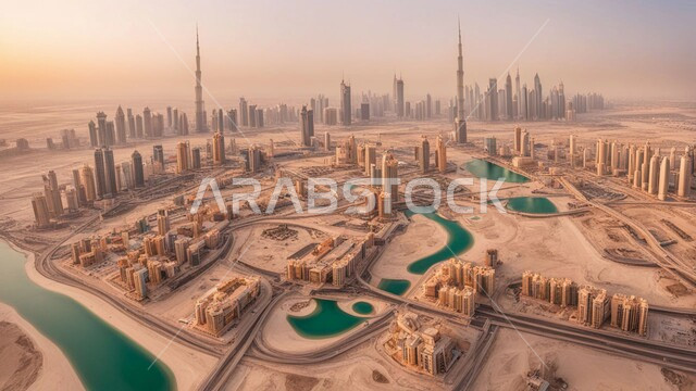 تحسين وتطوير البنية التحتية، المنشآت والمباني التجارية الشاهقة، بناء مستقبل حضاري متطور في دبي، الفنون والتصاميم المعمارية الحديثة للأبراج وناطحات السحاب في الامارات العربية المتحدة، منظر تخيلي مستقبلي للتقدم والنمو العمراني