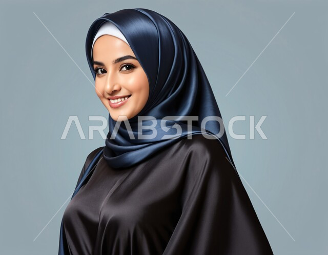 ملابس نسائية عصرية للمحجبات، مفهوم الأنوثة والنعومة، الاهتمام بالجمال والأناقة والمظهر الخارجي، بورتريه مقرب لفتاة عربية خليجية سعودية ترتدي العباءة والحجاب تنظر إلى الكاميرا بايماءات السعادة والسرور والثقة بالنفس, خلفية زرقاء