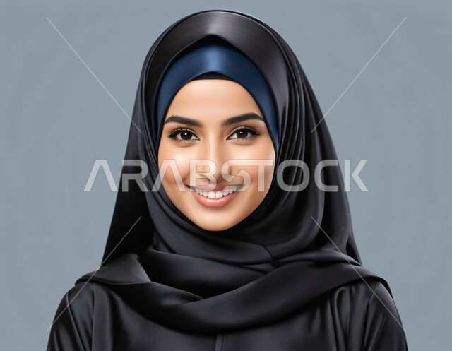 ملابس نسائية عصرية للمحجبات، مفهوم الأنوثة والنعومة، الاهتمام بالجمال والأناقة والمظهر الخارجي، بورتريه مقرب لفتاة عربية خليجية سعودية ترتدي العباءة والحجاب تنظر إلى الكاميرا بايماءات السعادة والسرور والثقة بالنفس, خلفية زرقاء