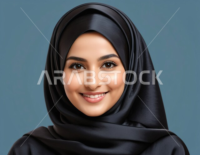 ملابس نسائية عصرية للمحجبات، مفهوم الأنوثة والنعومة، الاهتمام بالجمال والأناقة والمظهر الخارجي، بورتريه مقرب لفتاة عربية خليجية سعودية ترتدي العباءة والحجاب تنظر إلى الكاميرا بايماءات السعادة والسرور والثقة بالنفس, خلفية زرقاء