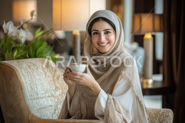  ملامح الأنوثة والنعومة، الاستمتاع بتناول المشروبات الساخنة، الجلسات الهادئة في إحدى الكافيهات الراقية في المملكة، صوره مقربه   لإمرأة عربية خليجية سعودية  مبتسمه محجبه  تحمل بيدها فنجان قهوة تنظر الى الكاميرا بايماءات السرور والسعاده 