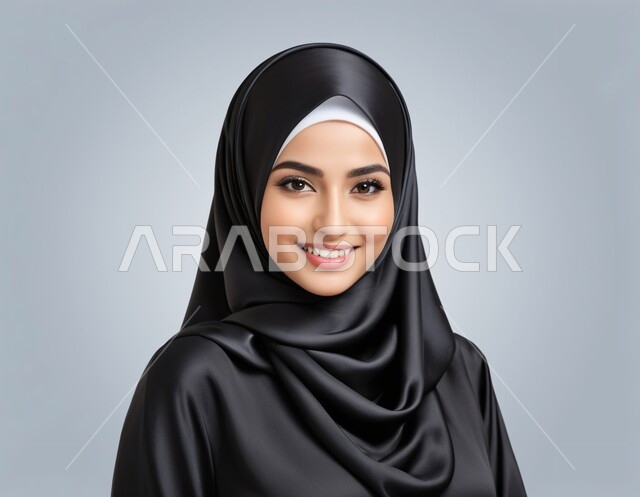 Caring about beauty, elegance and appearance, modern women's clothing for veiled women, the concept of femininity and softness, close-up portrait of a Saudi Arabian Gulf girl wearing an abaya and hijab looking at the camera with gestures of happiness, pleasure and self-confidence, gray background
