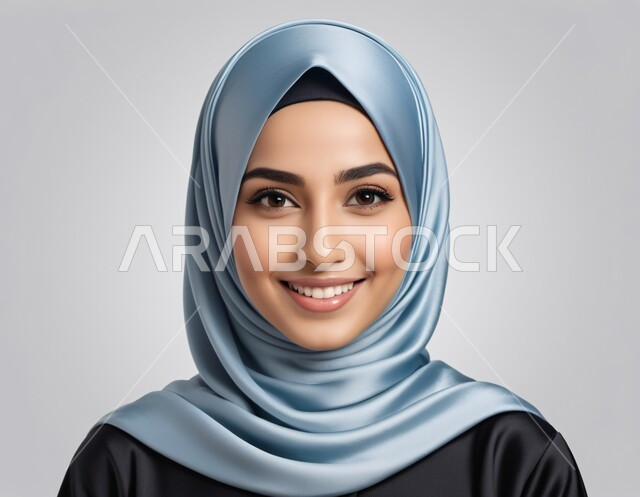 الاهتمام بالجمال والأناقة والمظهر الخارجي، ملابس نسائية عصرية للمحجبات، مفهوم الأنوثة والنعومة،  بورتريه مقرب لفتاة عربية خليجية سعودية ترتدي العباءة والحجاب تنظر إلى الكاميرا بايماءات السعادة والسرور والثقة بالنفس, خلفية رمادية