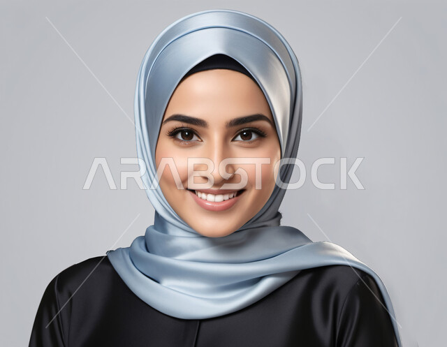 الاهتمام بالجمال والأناقة والمظهر الخارجي، ملابس نسائية عصرية للمحجبات، مفهوم الأنوثة والنعومة،  بورتريه مقرب لفتاة عربية خليجية سعودية ترتدي العباءة والحجاب تنظر إلى الكاميرا بايماءات السعادة والسرور والثقة بالنفس, خلفية رمادية