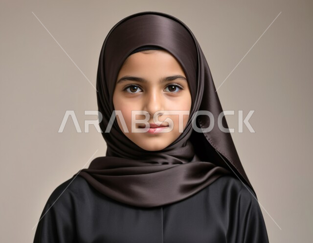  مفهوم الأنوثة والنعومة، الاهتمام بالجمال والأناقة والمظهر الخارجي، ملابس نسائية عصرية للمحجبات، بورتريه مقرب لفتاة لطيفة عربية خليجية سعودية ترتدي العباءة والحجاب تنظر إلى الكاميرا بايماءات السعادة والسرور, خلفية رمادية