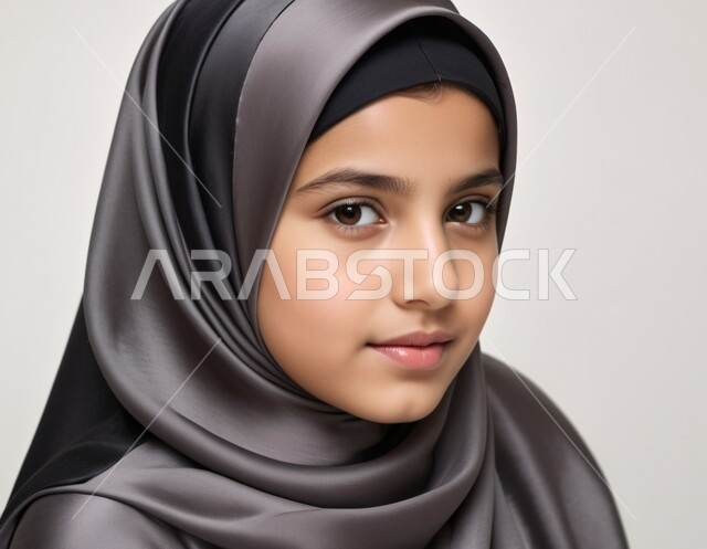  مفهوم الأنوثة والنعومة، الاهتمام بالجمال والأناقة والمظهر الخارجي، ملابس نسائية عصرية للمحجبات، بورتريه مقرب لفتاة لطيفة عربية خليجية سعودية ترتدي العباءة والحجاب تنظر إلى الكاميرا بايماءات السعادة والسرور, خلفية رمادية